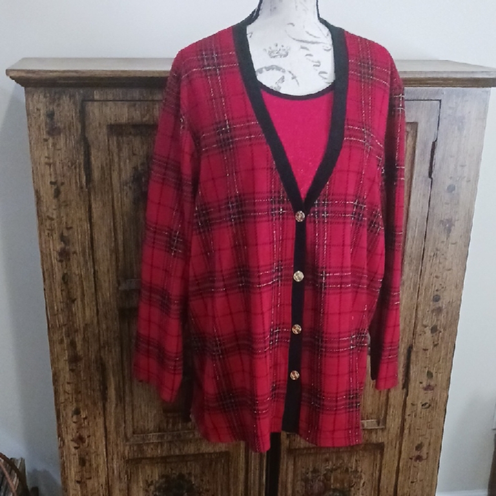 Metallic Plaid Red Sweater Two-fer Cardigan